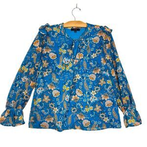Eclair Blue Paisley long sleeve blouse ruffle shoulder button boho western small